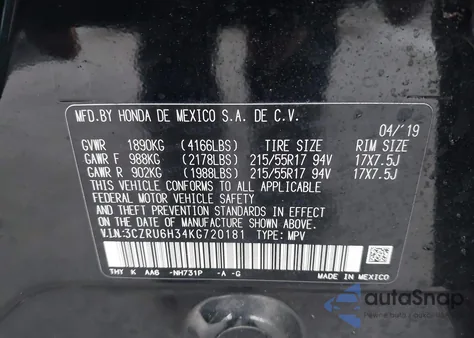 2019 Honda Hr-V Lx from USA, damaged, VIN 3CZRU6H34KG720181